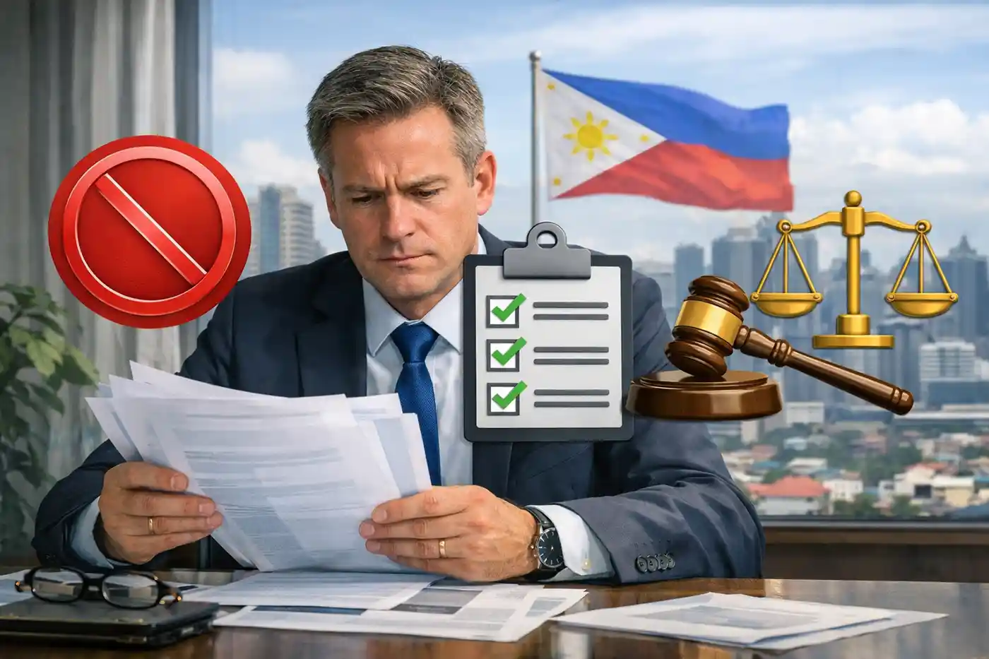 Foreign business investor reviewing Philippine legal restrictions and investment limitations